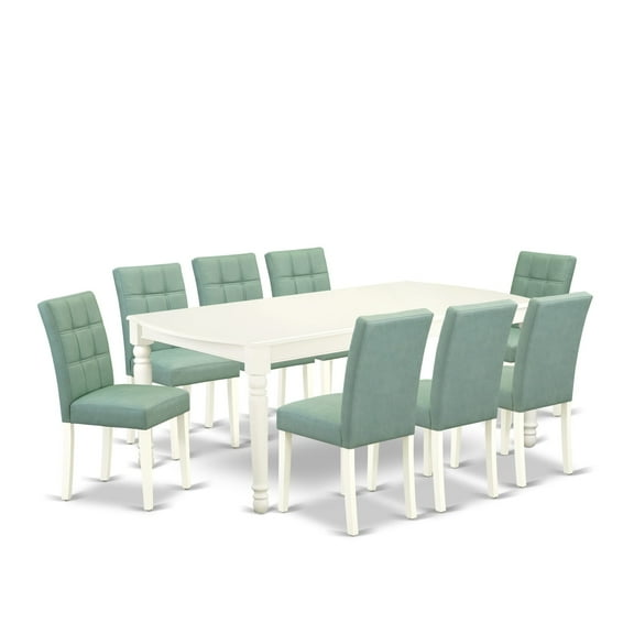 East West Furniture DOAS9-LWH-43 9 Piece Mid Century Modern Dining Table Set consists A Wooden Dining Table and 8 Willow Green Faux Leather Upholstered Chairs, Linen White