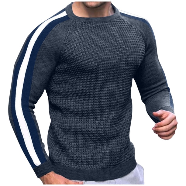 pstuiky Camisas para hombre de manga larga, Suéter de cuello redondo con bloques de color para hombre, suéter de punto, suéter de manga larga cálido e informal para hombre Tops de hombre l