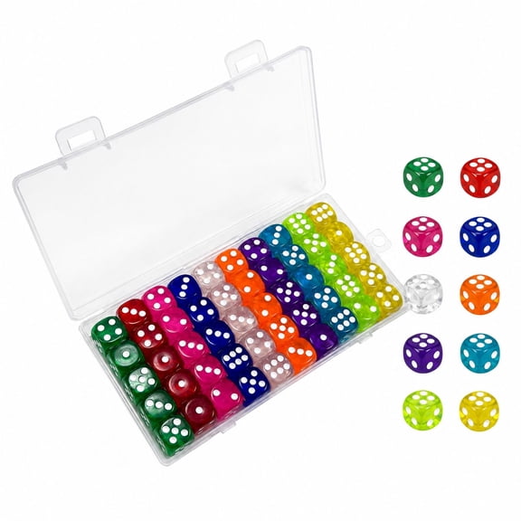 Dice Set 50 Pieces 14mm Bulk 6 Sided Colored Dices for Board Games Math Learning Classroom Round Smooth Edges 10 Distinct Bright Colors Clear Readable Dots Perfect for Family Group Party Games