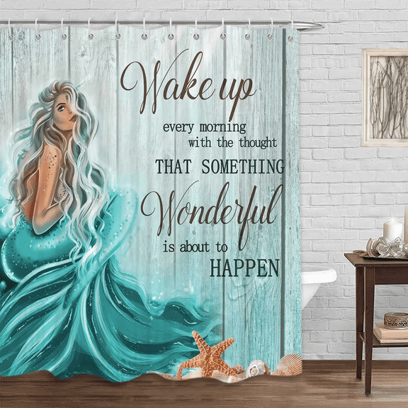 Teal Mermaid Shower Curtain, Mermaid Tail Quote Inspirational Fabric Shower Curtains Set for Little Girls Women Bathroom, Nautical Ocean Theme Restroom Decor Accessories with Hooks 36X72inches