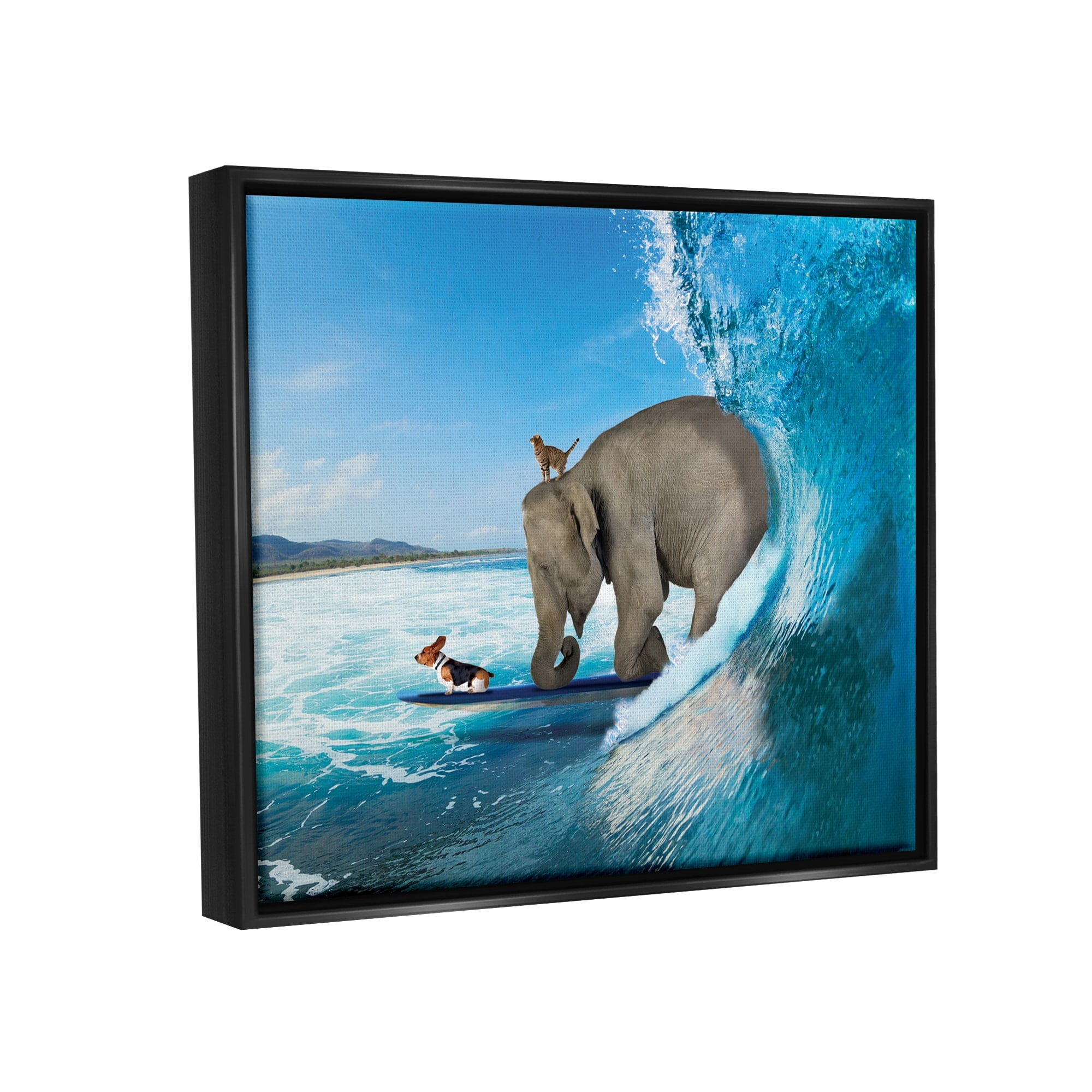 Stupell Industries Animals Riding Ocean Waves Surfing Elephant Cat Dog Graphic Art Luster Gray Floating Framed Canvas Print Wall Art, Design by Nobleworks