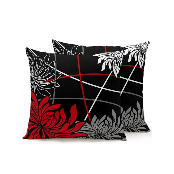 Outdoor Pillows Waterproof, Red Grey Daisy Bedding Throw Pillows with Insert for Couch Sofa Bed, Country Botanical Flowers Stripes Lines 18x18 Inch Pillowcases Decorative Patio Pillow Set of 2