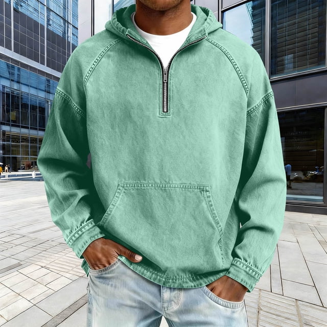 Ceisia Men's Loose Fit Washed Distressed Denim Half-Zip Hooded Pullover Sweatshirt Gifts