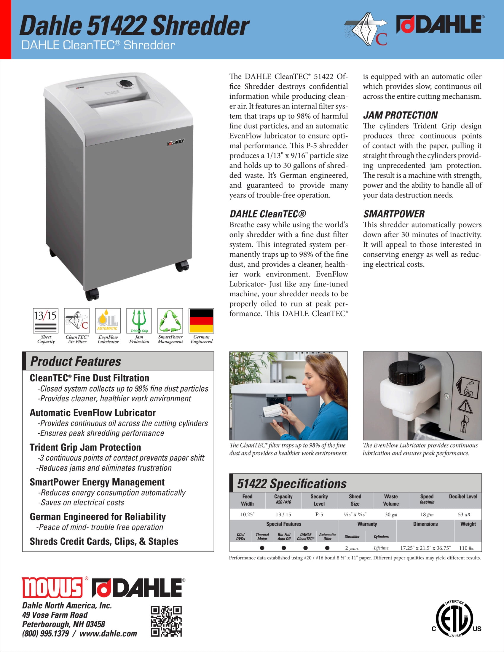 DAHLE CleanTEC 51422 Paper Shredder w/Air Filter, Auto Oiler, Jam Protection, 13 Sheet Max, Level P-5