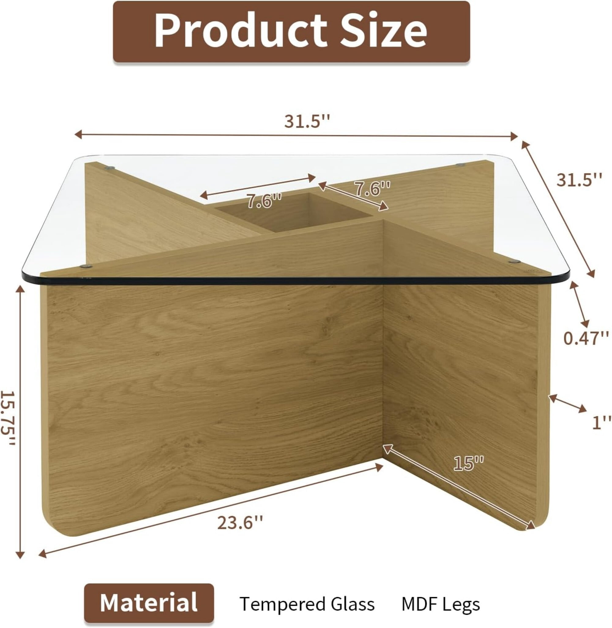 AENKYO Modern 31.5" Square Glass Coffee Table with Tempered Glass Top and Wooden X-Frame Base, Natural Color