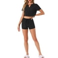 thumbnail image 2 of INSPIRE CHIC Women's Waffle Knit Button Down Pajamas Short Sleeve Crop Tops with Shorts 2 Piece Outfit Lounge Set L Black, 2 of 6