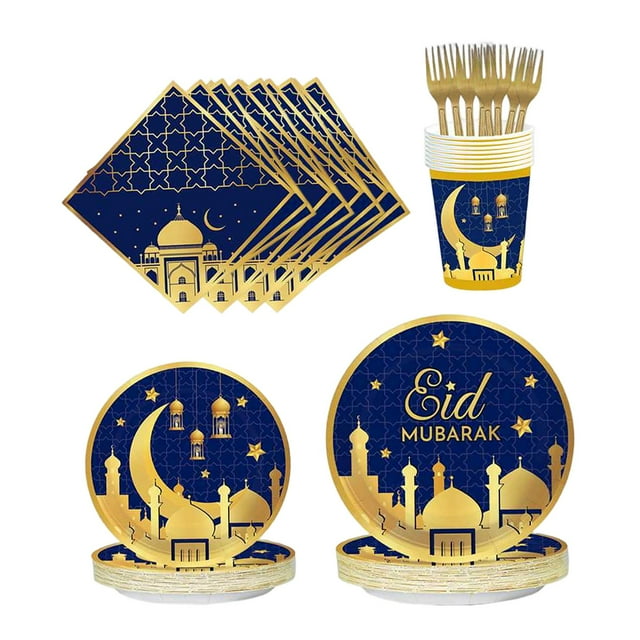 Paper Ramadan Eid Mubarak Party Supplies Set con platos de Mubarak, servilletas, tazas, tenedor, cubiertos de mesa para Eid Aureato azul Macarena Vajilla