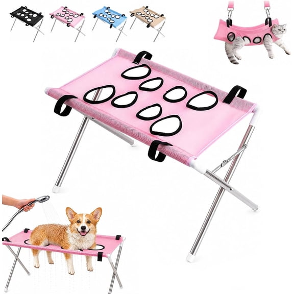 Dog Grooming Hammock, Foldable Pet Paw Bathing Wash Hammock Stand for Small/Medium Dogs and Cats, Mesh Bath Support for Nail Trimming, Bathing, Grooming & Pet Care (Pink-b)