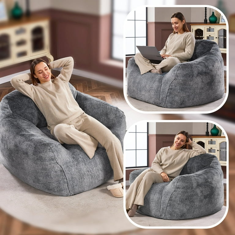 HOMGUAVA Giant Bean Bag Chair for Adults Large Oversized Bean Bag Couch Puffy Comfy Bedroom Lazy Sofa with Armrests Soft Plush Cover Gray