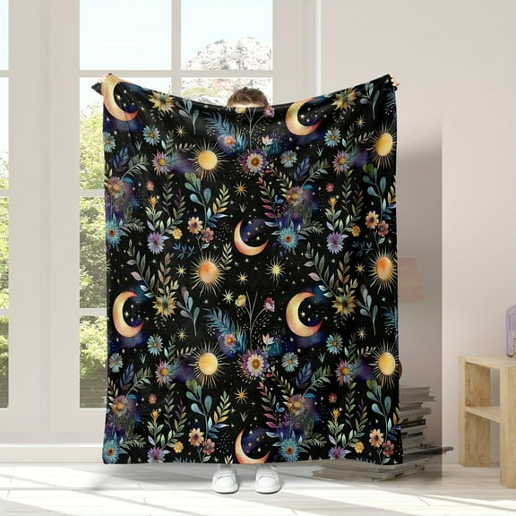 Whimsical Floral & Starry Sky Design Flannel Blanket Soft Reversible All-Season Comfort Machine Washable Perfect for Sofa Bed Travel Office and Camping Vibrant Multicolor