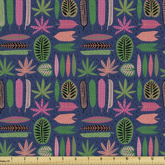 Leafy Sofa Upholstery Fabric by the Yard, Contemporary Botany Themed Pattern with Leaves in Abstract Colors, Decorative Fabric for DIY & Home Accents, 2 Yards, Night Blue Multicolor by Ambesonne