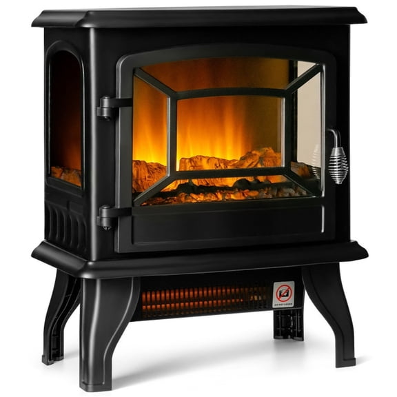 RUIE 1400W Freestanding Electric Fireplace Stove, Portable Fireplace Heater with Realistic Flame and Adjustable Thermostat for Living Room, Black