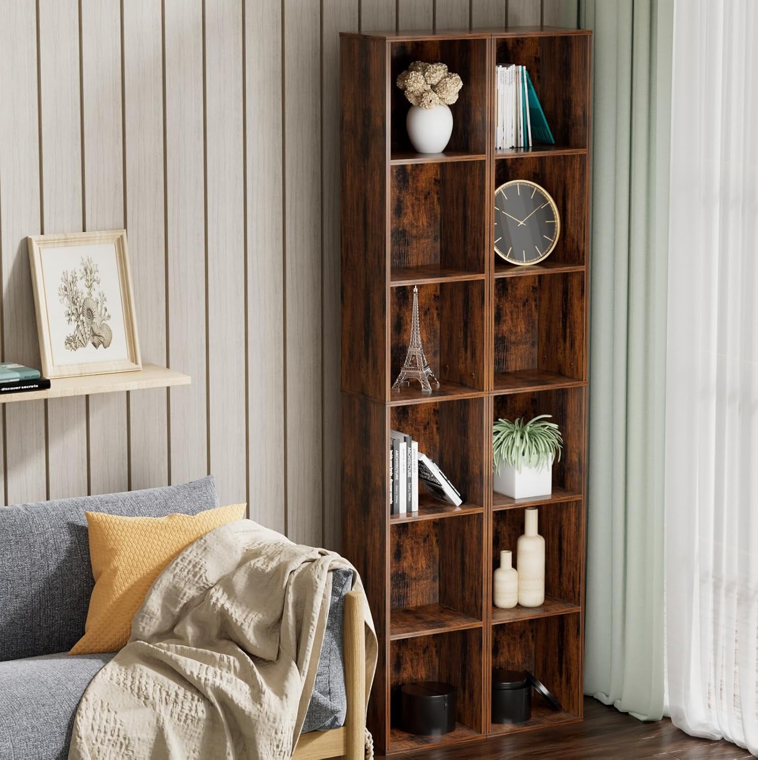 Tall Narrow Bookshelf 6-Tier Bookcase,70.5"   Corner Shelf Slim Storage Cabinet,Wood DVD CD Media Cube Organizer Tower Rack for Small Spaces, Bedroom, Living Room, Office,Brown