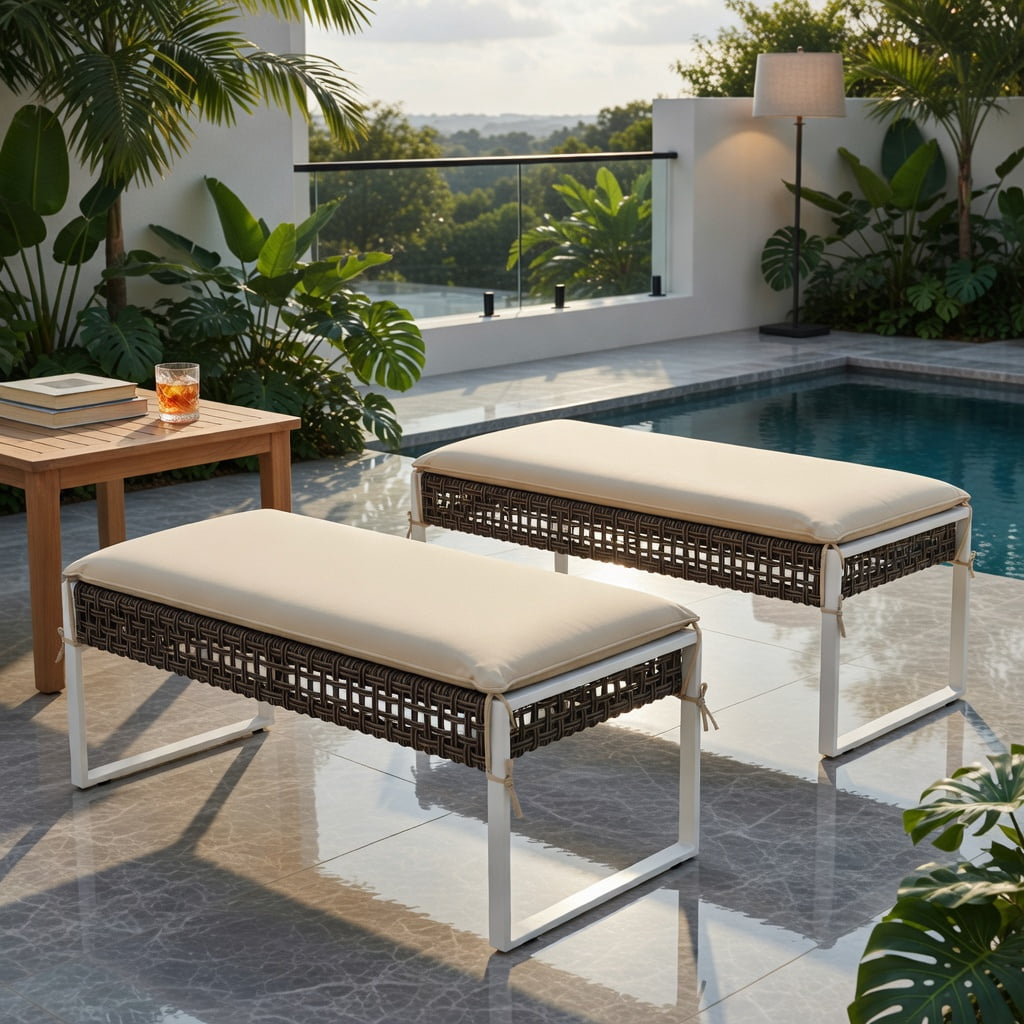 Hommoo 43" Patio Ottoman Set of 2, Woven PE Rattan Outdoor Footrest with Metal Frame, Removable Cushions, Heavy-Duty X-Frame Design for Backyard, Poolside & Porch, Natural