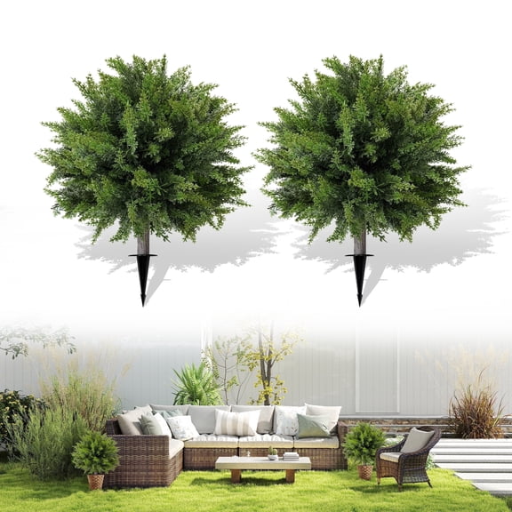DOPGIB 23 Inch Artificial Cedar Topiary Ball Trees 2-Pack, UV-Resistant Faux Cypress Shrubs with Ground Spikes for Front Porch, Garden, Patio, Balcony, Indoor Outdoor Home Decor