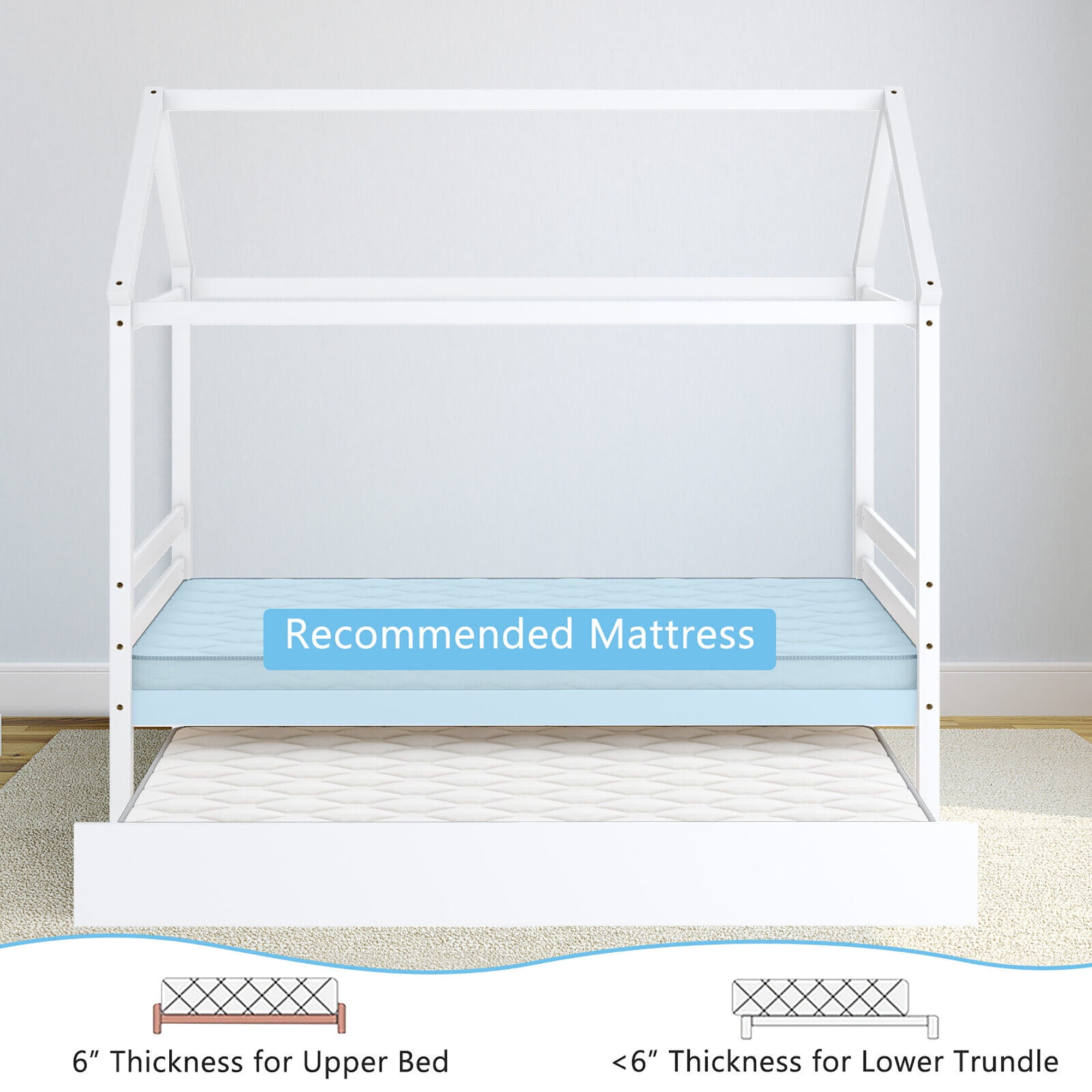 Gymax Twin House Bed Frame w/ Trundle Roof Wooden Platform Mattress Foundation White