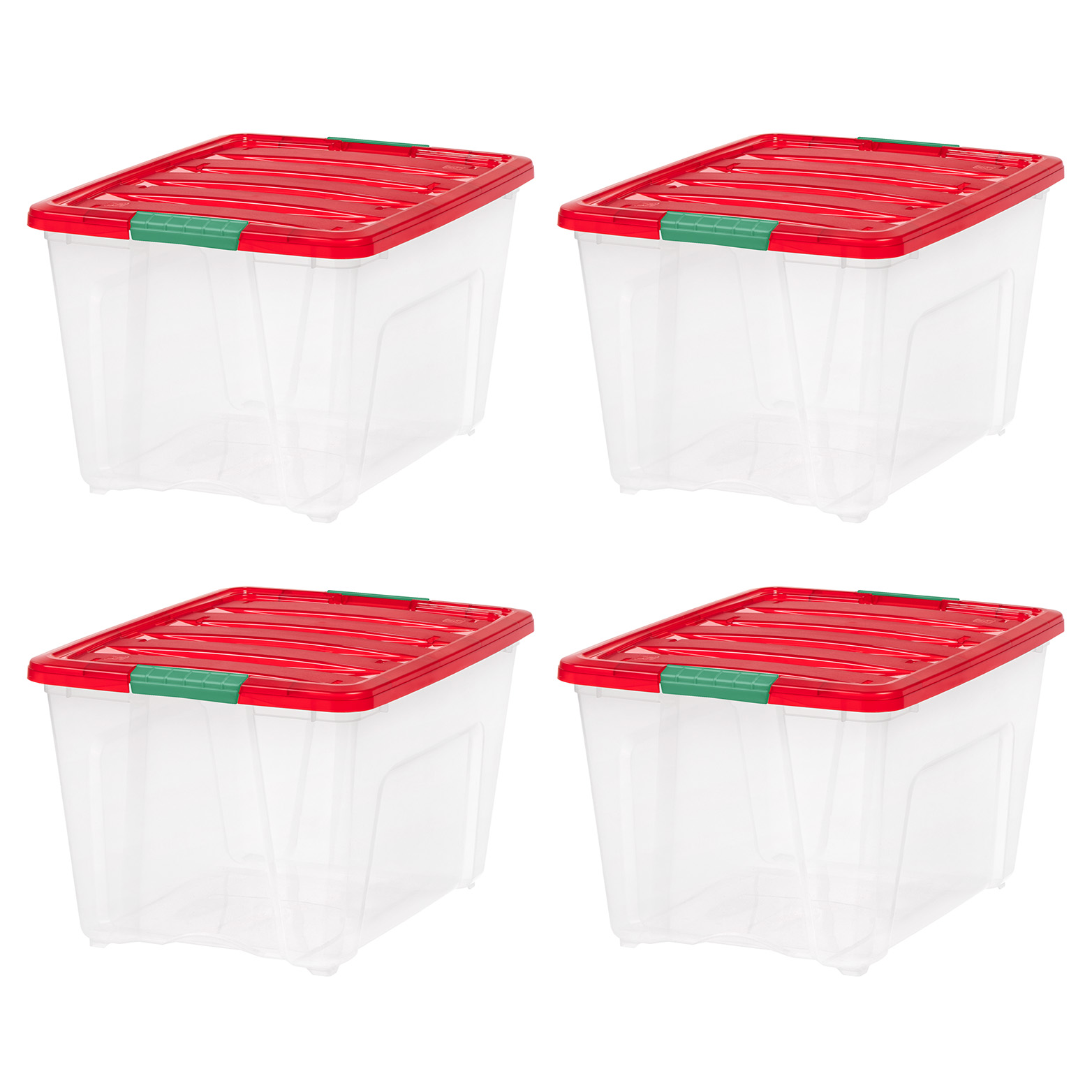 IRIS 54 Qt Stackable Holiday Plastic Storage Bins with Lids and Latching Buckles Clear Red 4 Pack