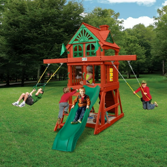 Gorilla Playsets 01-1103 Five Star II Space Saver Wooden Play tower with Slide, Swings, and Wood Roof