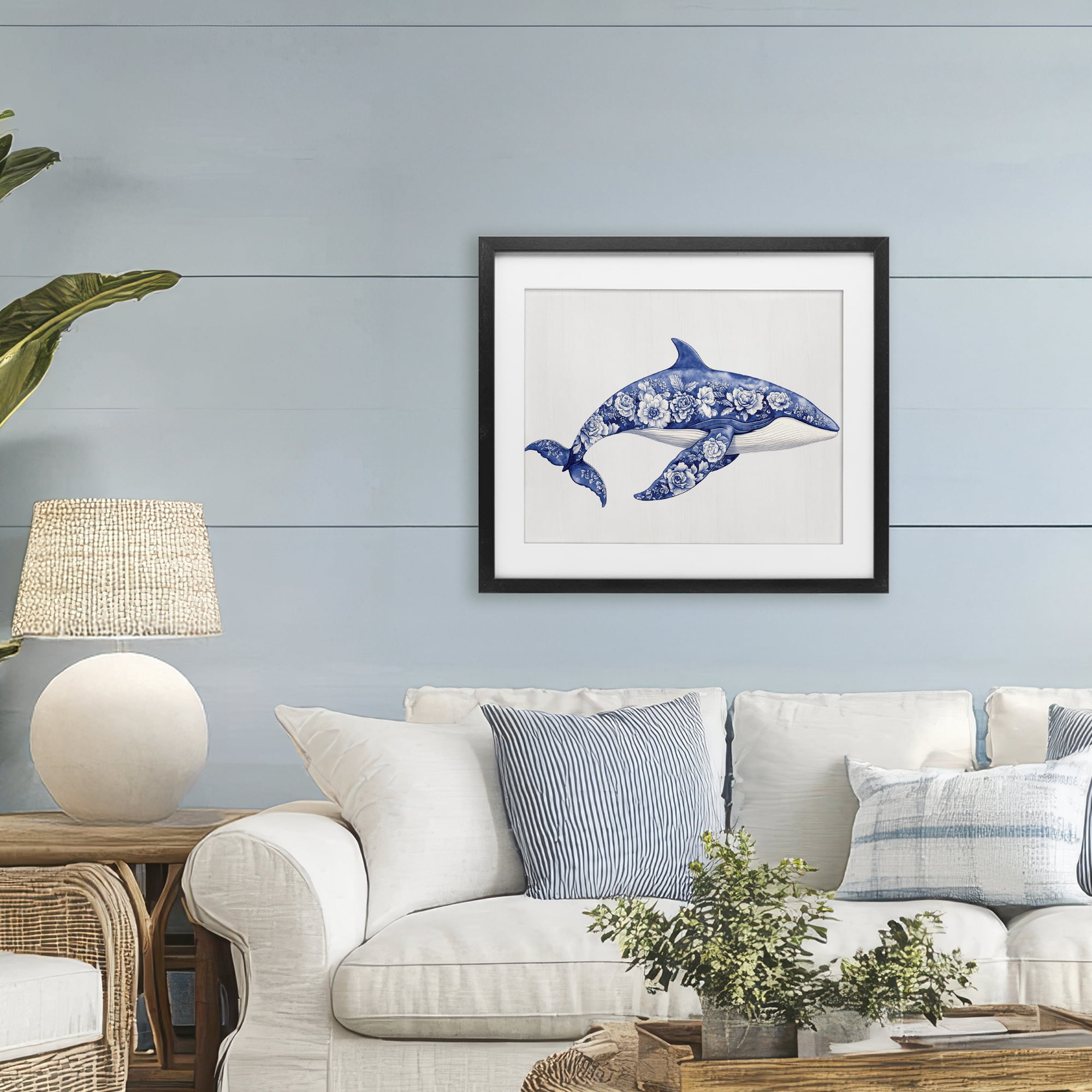 Floral Toile Whale Black Framed Print Under Glass, design by Lettered and Lined