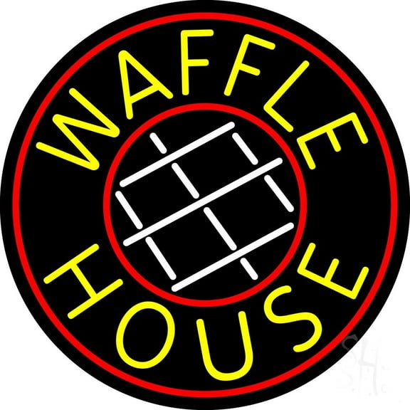 Waffle House Circle LED Neon Sign 26 x 26 - inches, Black Square Cut Acrylic Backing, with Dimmer - Bright and Premium built indoor LED Neon Sign for restaurant window and interior decor.
