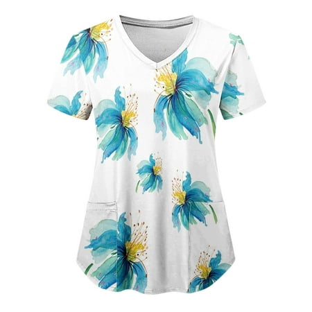 

Lolmot Scrubs for Women Floral Short Sleeve Shirts Medical Workwear Comfortable 4-Way Stretch V Neck Tees Blouse Nurse Uniforms Pockets Scrub Tops on Clearance