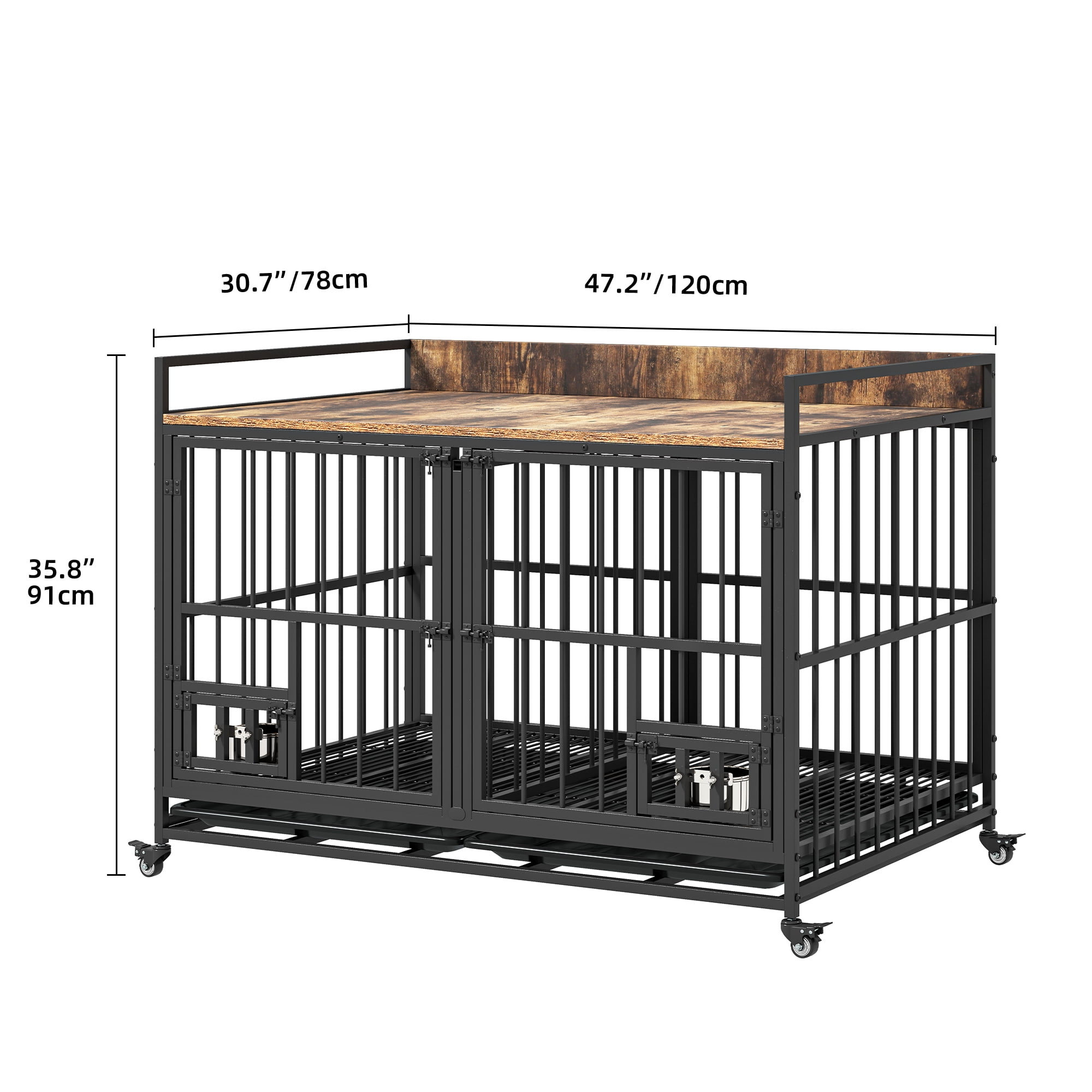 Uforic 47.5" Large Dog Crate Furniture with Double Lockable Doors, Heavy Duty Wooden Dog Kennel with Removable Divider &360° Rotatable Dog Bowls & 360° Wheels & 2 Trays