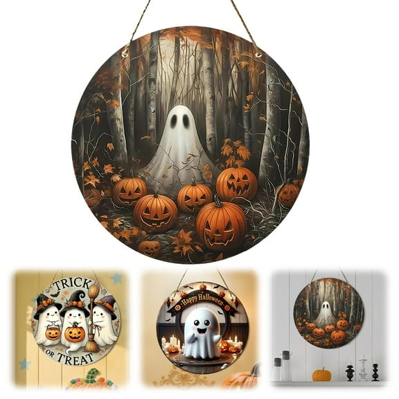 Halloween Round Wooden Door Sign - Trick or Treat Ghost & Pumpkin Hanger for Home, Porch, Garden Decor