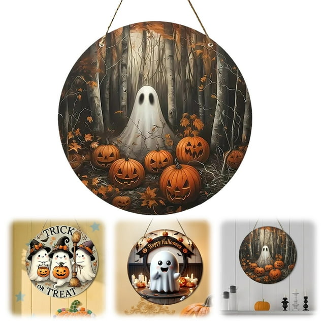 Décoration de Maison Décoration de Porte d'Halloween Ronde H Halloween Logo de Bienvenue pour Porte d'Entrée Citrouille Accroche-Porte Rétro Logo Suspendu « Trick Or » Décoration pour Maison Cuisine Jardin Porche
