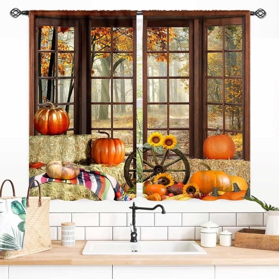 Thanksgiving Curtains, Fall Autumn Fair Fantasy Forest Landscape Scenery Pumpkin Harvest Maple Leaves Rustic Farmhouse Orange Home Decor for Living Room Bedroom Kitchen Party 2 Panels, 55x39 Inch