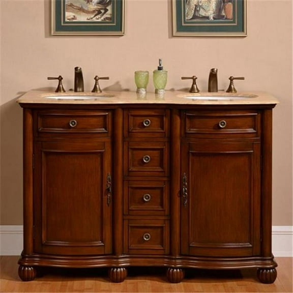 Silkroad Exclusive Traditional Travertine Bathroom Vanity- Double Sink - 52 in. Wide