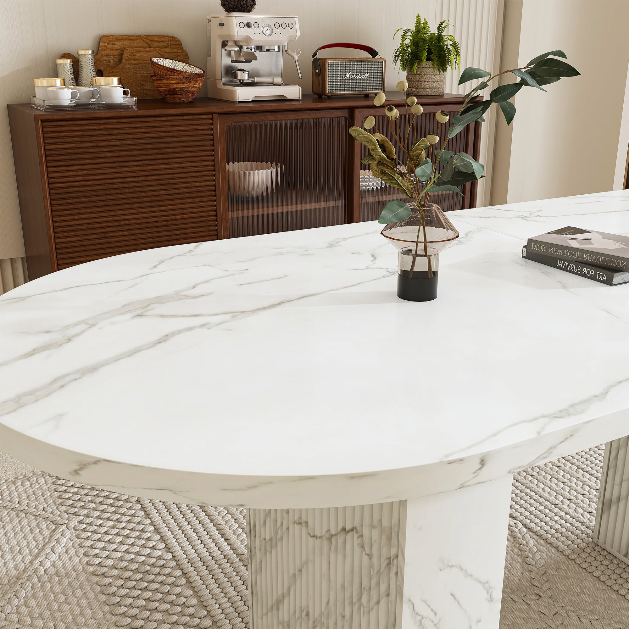 PORKISS 63" Oval Dining Table for 6, Faux Marble Kitchen Table with Stitched Desktop, Modern Dining Room Table with Sturdy Double Pedestal Base, White