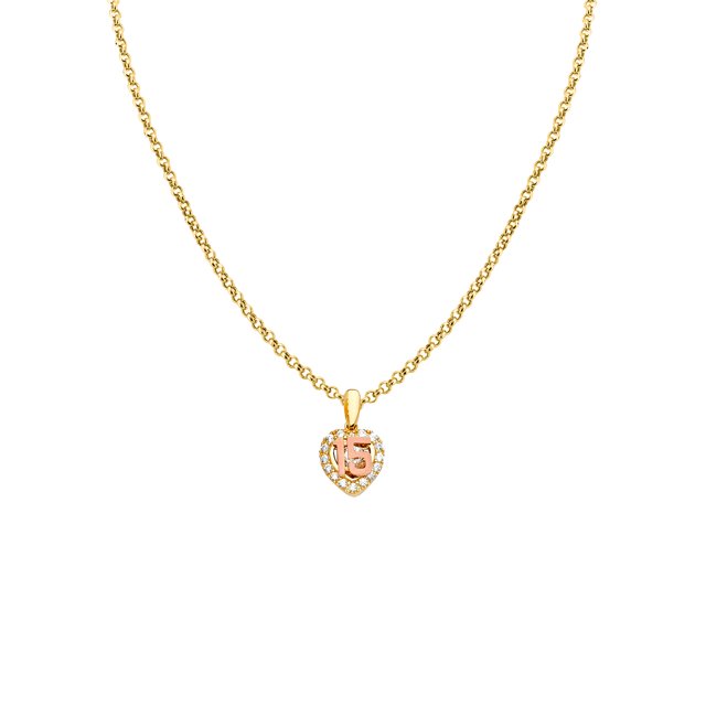 14k Two-tone Gold Cubic Zirconia '15' Heart-shaped Quincinera Pendant with 1.2mm Rolo Chain