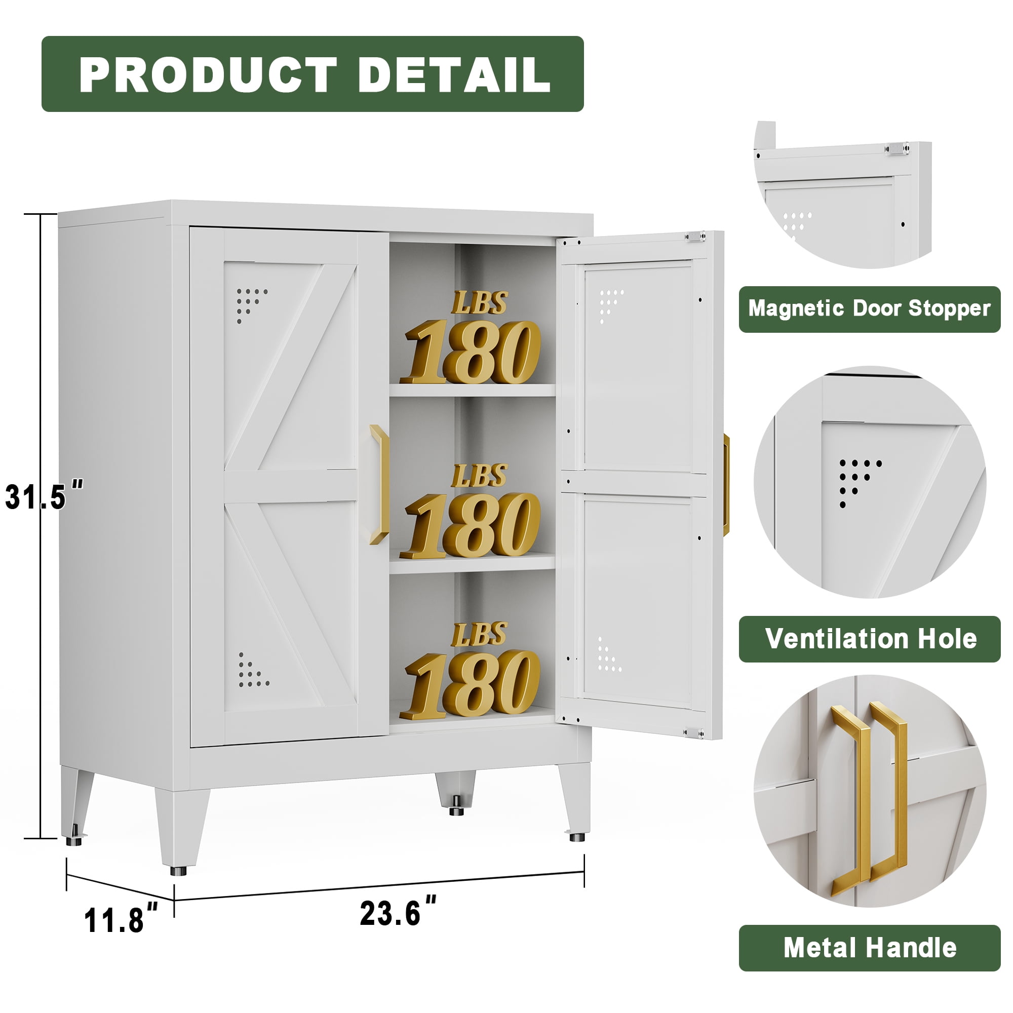 CXUZCZ Metal Buffet Cabinet, Bathroom Floor Storage Cabinet with 2 Adjustable Shelves, Freestanding Storage Sideboard for Entryway,Office, Restaurant, Living Room,11.8 x 23.6 x 31.5 Inches,White