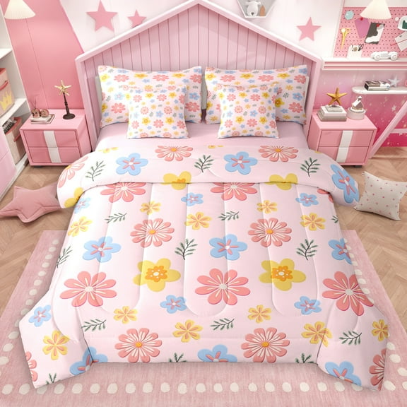 jejeloiu Kawaii Rainbow Daisy 7-Piece Twin Bedding Sets,Cute Cartoon Flower Floral Bedding Comforter Set,Girl Pink Sheet Sets For Kids Teens,Ultra Soft Home Decor Reversible