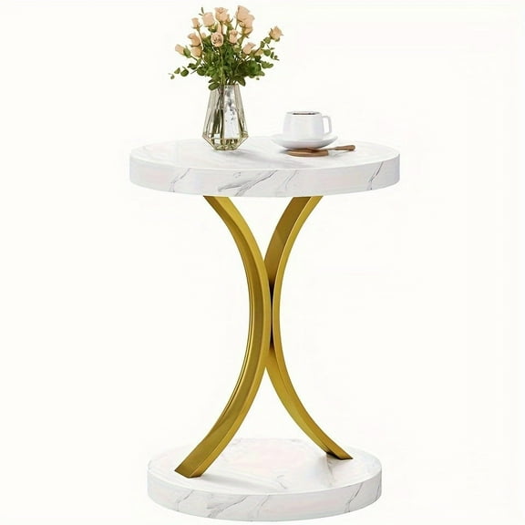 Phabules Contemporary Gold Side Table with Faux Marble Tabletop for Living Space