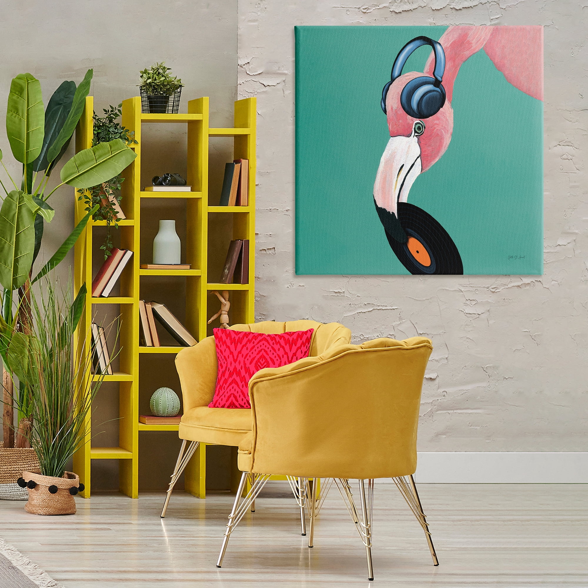 Stupell Industries Flamingo with Music Record Entertainment Painting Wrapped Canvas Art Print Wall Art, 36 x 36