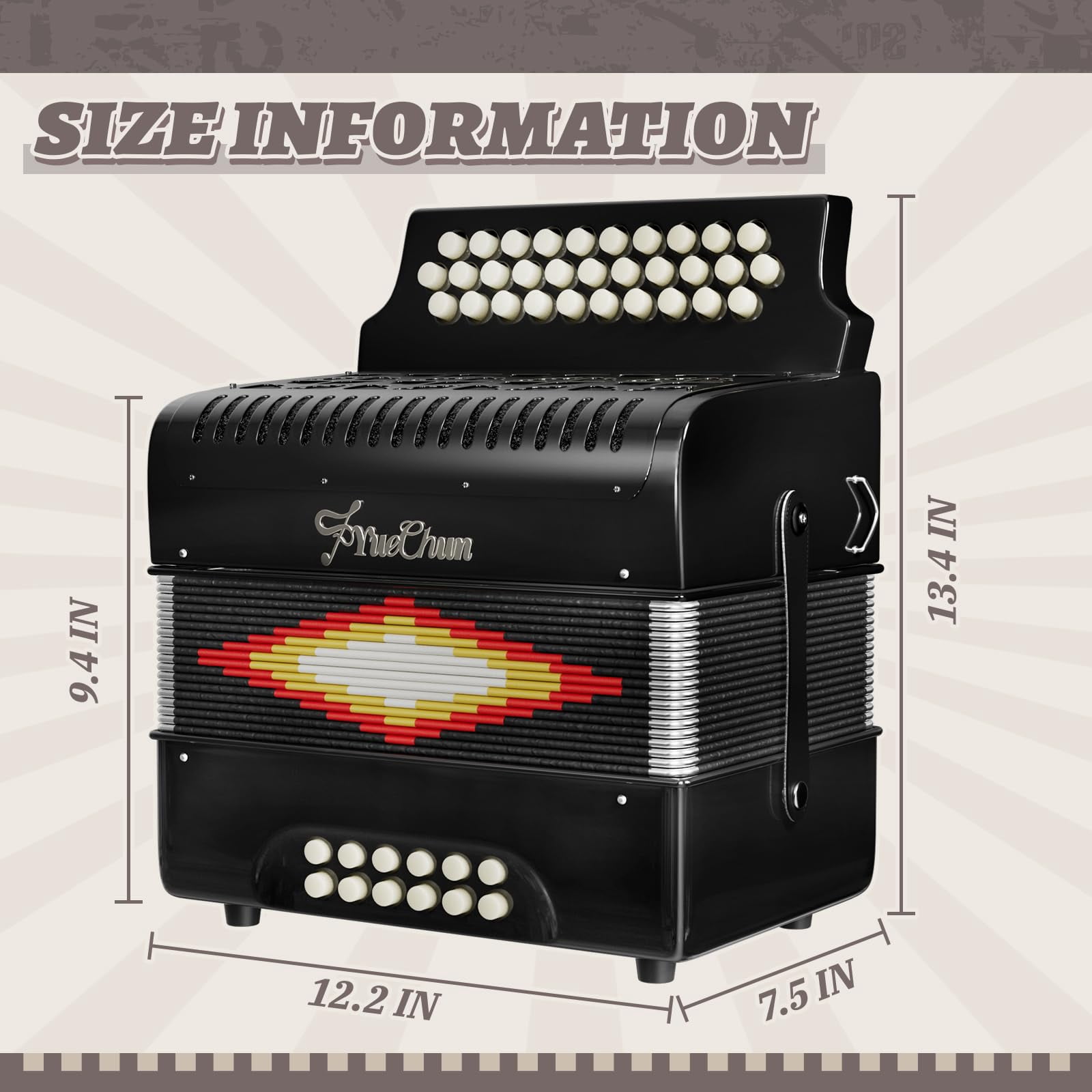 YueChun Accordion, 31 Keys 12 Bass G/C/F Diatonic Button Accordion , Portable Professional Button Accordion with Case (Black)