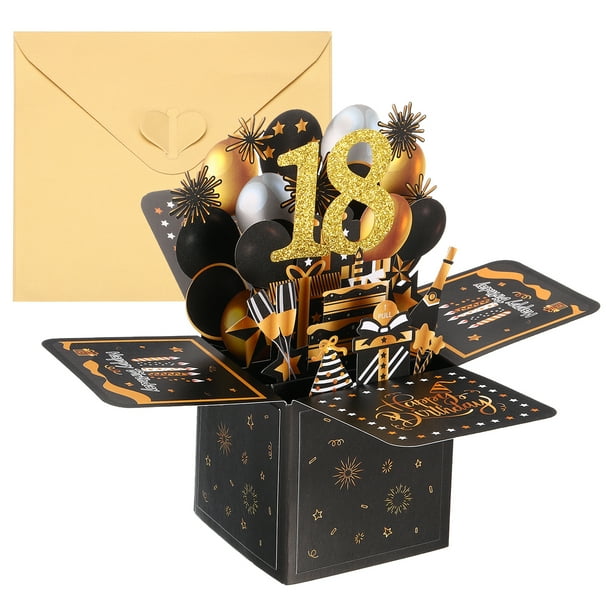 Tarjeta de cumpleaños 18 de Uxcell, tarjeta de cumpleaños emergente con tarjeta de saludo y sobre para regalo de mujer o niña, negro y dorado