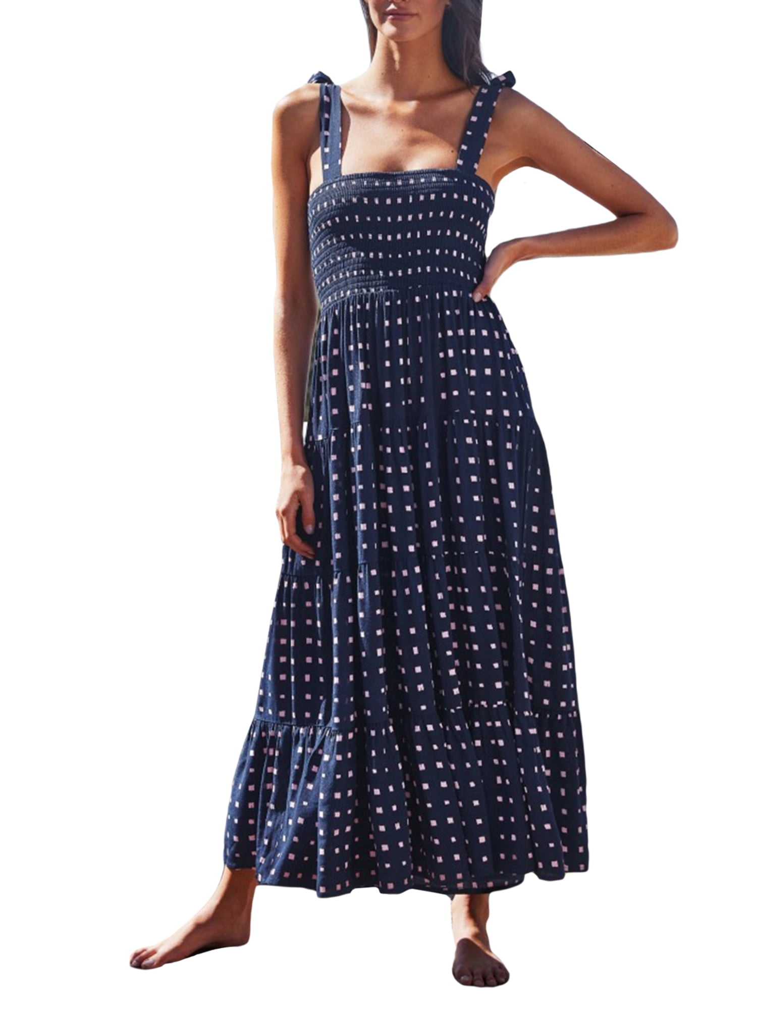 Dress for Women Summer Ruffle Belt Boho Floral Spaghetti Strap Lace up Dot Print Dress Swing Midi Dress 