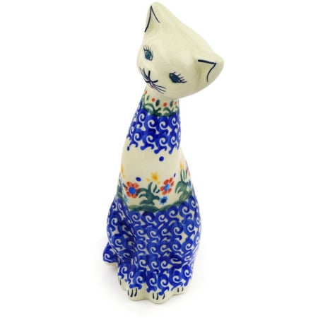 - Polish Pottery 7¾-inch Cat Figurine (Spring Flowers Theme) Hand Painted in Boleslawiec, Poland + Certificate of Authenticity
