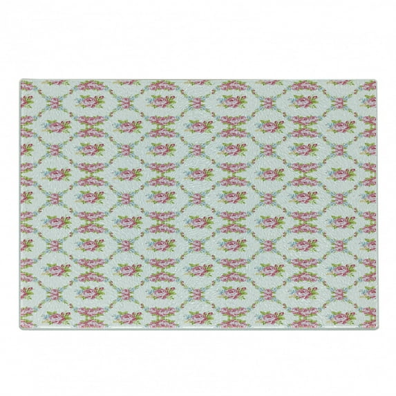 Shabby Flora Cutting Board, Curvy Borders with Rose Blossoms Retro Feminine Flora Waves Garland Inspired, Decorative Tempered Glass Cutting and Serving Board, Small Size, Multicolor, by Ambesonne