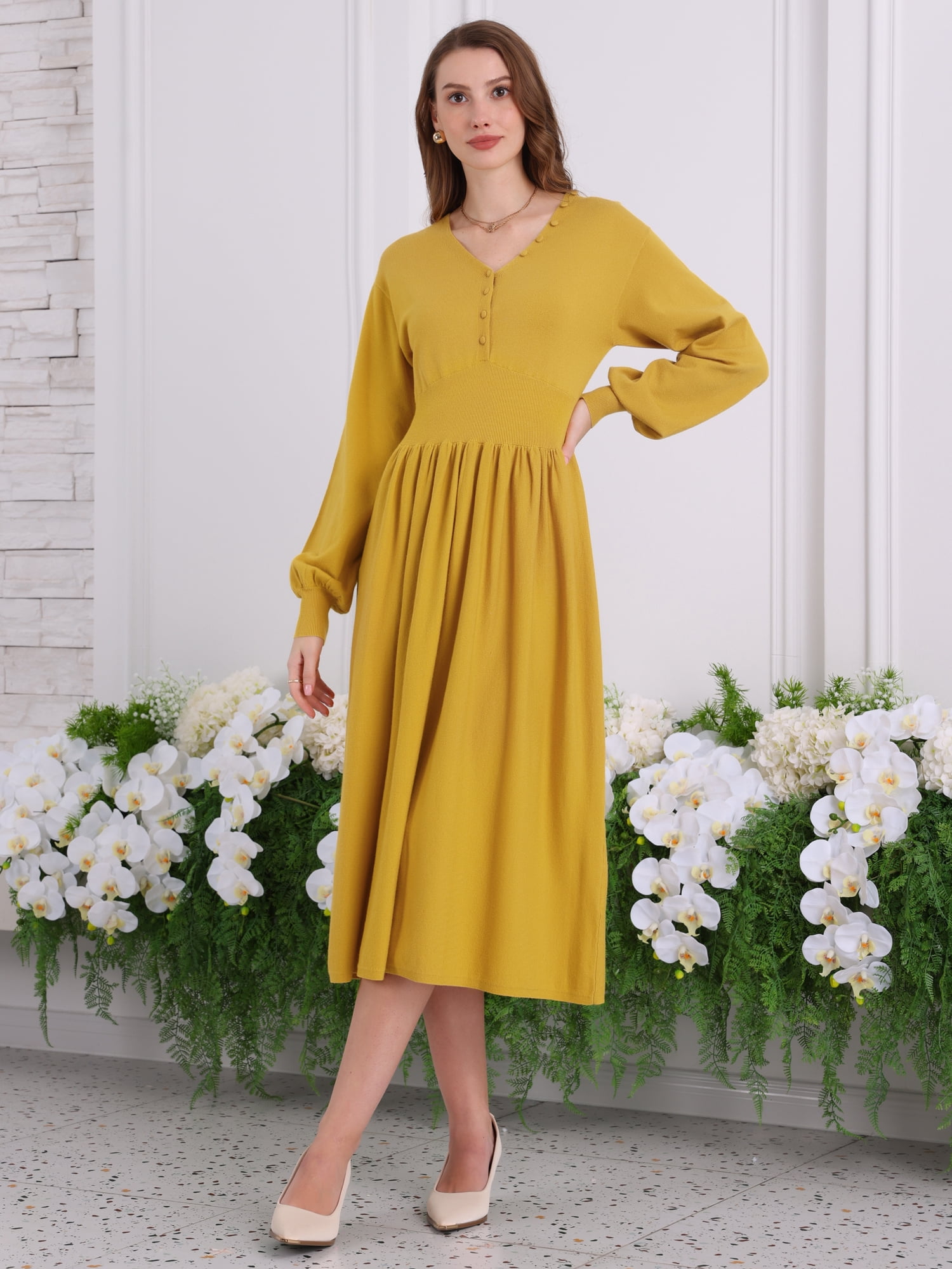 DARING DIVA Long Sleeve Sweater Ribbed Knit Midi A-Line Dress L Dark Yellow