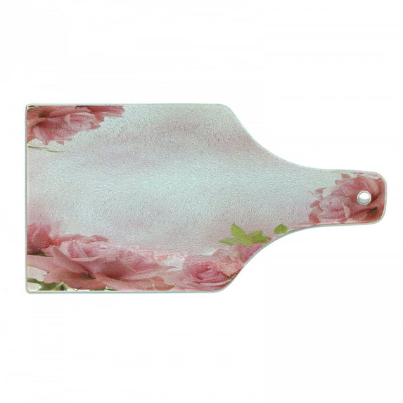 Valentine Cutting Board, Framework with Romantic Roses with Leaves Bridal Wedding Marriage Corsage, Tempered Glass Cutting and Serving Board, Wine Bottle Shape, Pink Coral Green, by Ambesonne