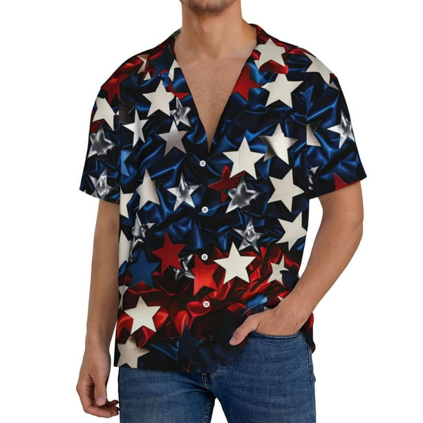 Fotbe Red Blue White Stars Camisa Estampada de Manga Corta para Hombre, Casual de Verano, Estilo Playero, Sin Arrugas-3X-Large