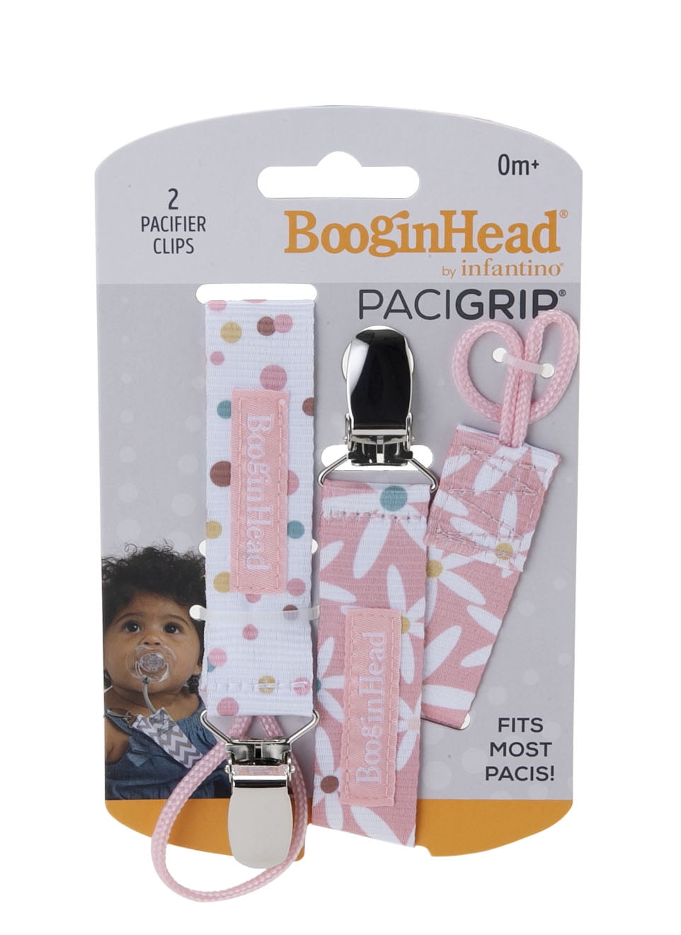BooginHead PaciGrip by Infantino, Universal Pacifier Clips, Infant & Toddler Girls, Pink Daises, 2-Pack