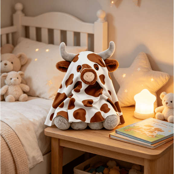 Holiday Spotted Longhorn Cow Ghost Plush Toy, Soft Stuffed Highland Cow Plush, Spotted Ghost‑Design Figure for Halloween Shelf Decor, Holiday Party & Gifting