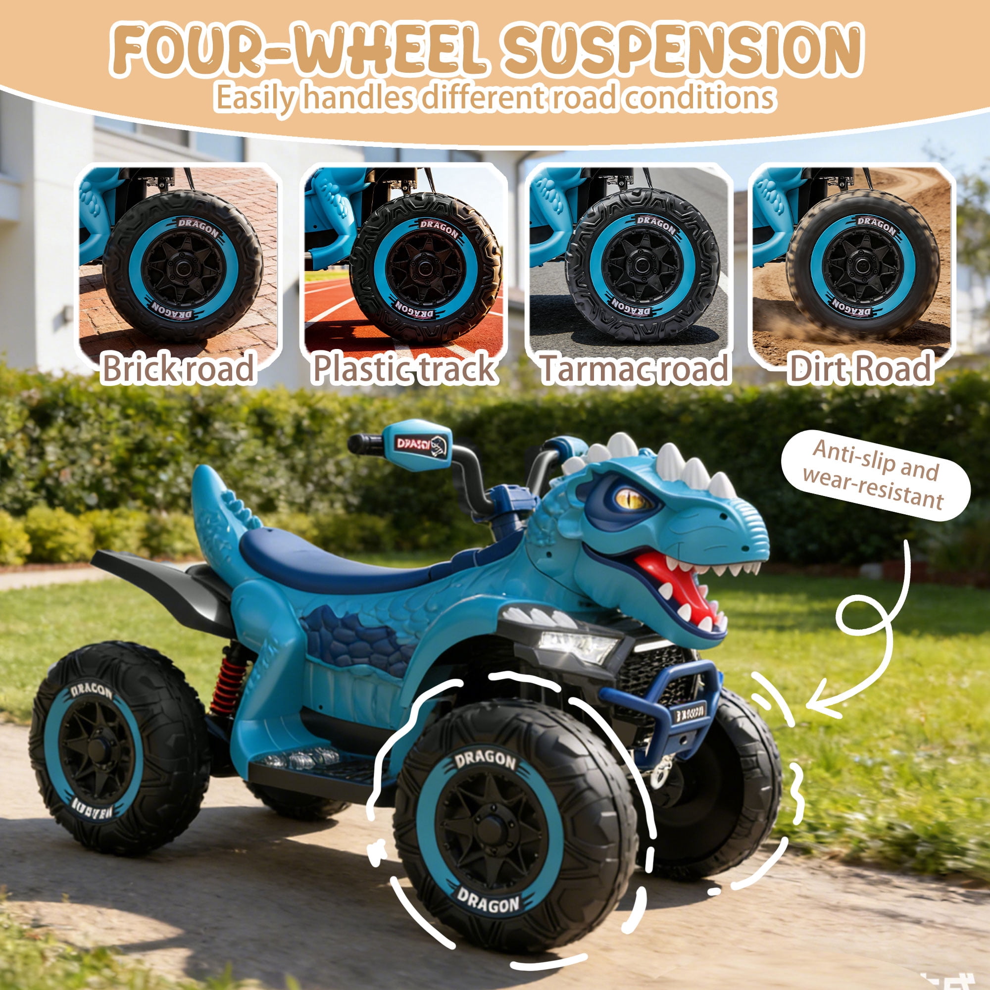 KEEPSUN 12V Ride on Toy for Kids, Dinosaur Ride on Car w/ Remote Control, 2-Seater 4 wheeler Kids ATV Quad with 100W*2 Motors, Bluetooth, Spring Suspension, Music, Cool Lights, Blue