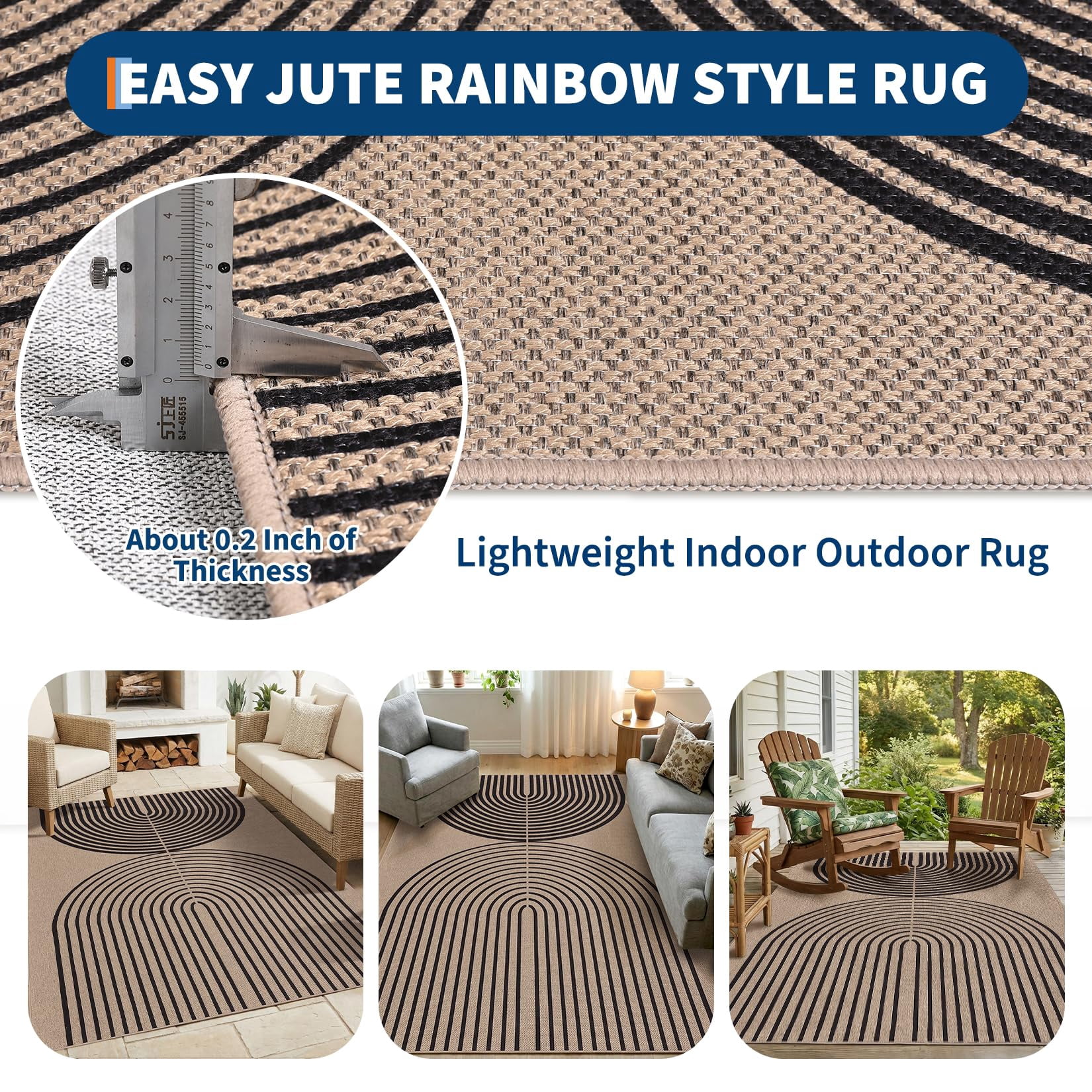 HIWEAVER Black/Camel 5' x 7' Easy Jute Area Rug for Living Room Non Slip Stain Resistant Arch Striped Indoor Carpet Non Shedding Modern Geometric Mat for Dining Room Outdoor Patio Rug