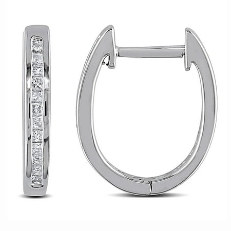 Miabella Women's 1/4 Carat T.W. Princess-Cut Diamond Oval Huggie Hoop Earrings in Sterling Silver