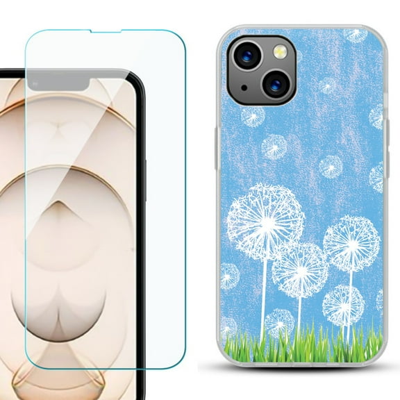 Slim-Fit Flexible TPU Gel Phone Case for iPhone 13, with Tempered Glass Screen Protector, by OneToughShield ® - Dandelion Sky